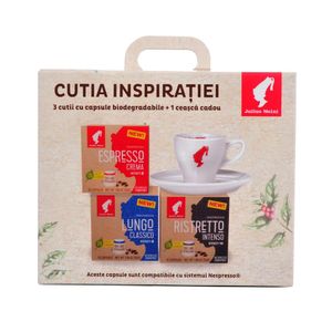 Capsule cafea Julius Meinl, compatibile Nespresso, diverse arome, 3 x 10 capsule + ceasca si farfurie