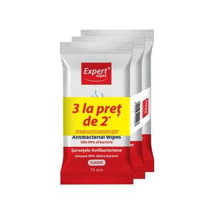 Servetele antibacterine Expert Wipe Classic, 3 pachete x 15 bucati