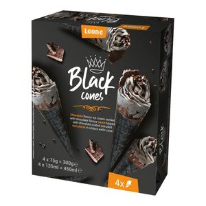 Inghetata la cornet Leone Black Cone, cu ciocolata neagra, 4 x 135 ml