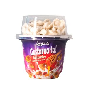 Iaurt cu miere, fructe rosii si fulgi de orez Sanlacta, 168 g