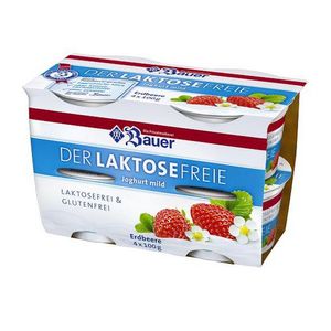 Iaurt cu straciatella si capsuni Bauer, fara lactoza, 4 x 100 g