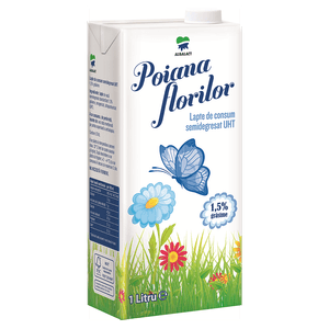 Lapte UHT semidegresat Poiana Florilor, 1.5% grasime, 1 l