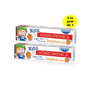 Pasta de dinti Astera Kids, pentru copii peste 4 ani, aroma de vanilie si portocala, 2 x 50 ml
