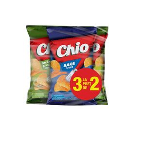 Pachet promo 2x Chipsuri cu smantana si ceapa Chio, 140 g + 1x Chipsuri cu sare Chio, 140 g