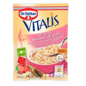 Gustare de ovaz cu ciocolata alba si capsuni Vitalis, 56g