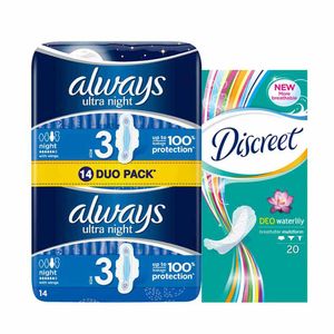 Pachet absorbante Always Ultra Night si Discreet, 34 bucati