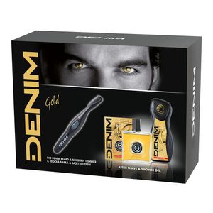 Pachet pentru cadou Denim Gold cu gel de dus, after shave si aparat de tuns barba