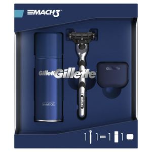 Set pentru cadou aparat de ras Gillette Mach3 Turbo si gel de ras Gillette Mach3 cu trusa de voiaj