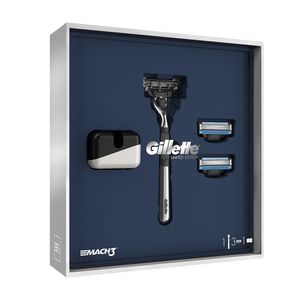 Set pentru cadou aparat de ras Gillette Mach3 Editie limitata cu 2 rezerve si suport aparat de ras