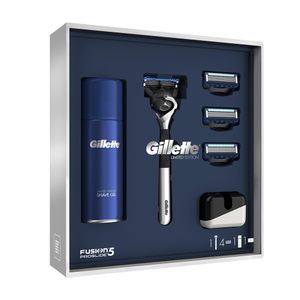 Set pentru cadou aparat de ras Gillette Proglide Editie limitata cu 3 Rezerve, gel de ras Fusion5 si suport aparat de ras