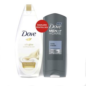 Pachet Dove: Gel de dus silk glow 400 ml pentru ea si Gel de dus Men+Care pentru el 500 ml