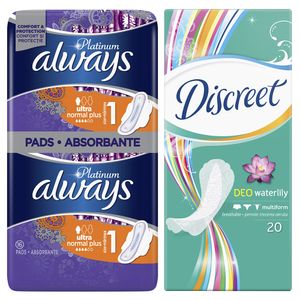 Pachet promo: Always Platinum Ultra Normal Plus 16 bucati + Discreet Waterlily 20 de bucati