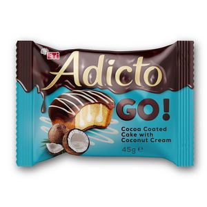Prajitura Adicto Go! cu gust de cocos si glazura de ciocolata, 45 g