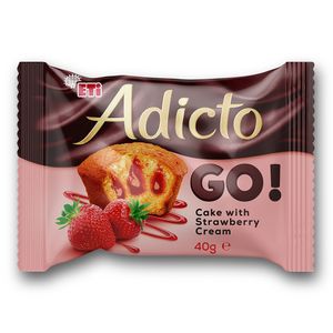 Prajitura Adicto Go! cu gust de capsuni si glazura de ciocolata, 40 g