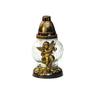Candela din sticla cu capac Amir, timp de ardere 14 h, culoare transparenta, ingeras auriu