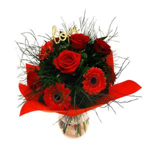 Buchet de flori din trandafiri rosii si gerbera cu un mesaj special