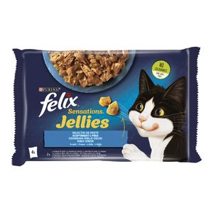 Hrana umeda pentru pisici cu creveti, pastrav, spanac in aspic Felix Sensations, 4 x 85g