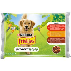 Pachet hrana umeda pentru caini Purina Friskies Adult cu vita si cartofi, pui si morcovi, miel si morcovi, 4 x 100g