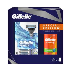 Pachet Gillette: Aparat de ras Mach3 Start + 2 rezerve + gel de ras Fusion5 Ultra Sensitive 75 ml