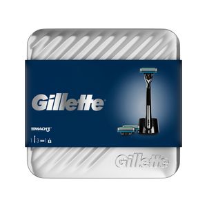 Pachet Gillette: Aparat de ras Mach3 + 1 rezerva + suport aparat de ras + trusa metalica
