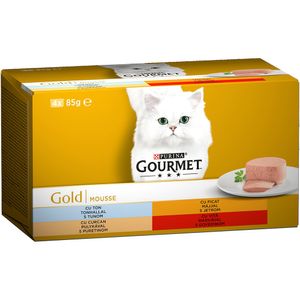Pachet hrana umeda pisica Gourmet Gold Mousse Vita, Curcan, Ficat si Ton, 4 x 85g