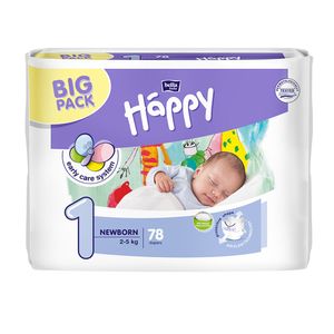 Scutece Happy Big Pack Newborn, marimea 1, 2 - 5 kg, 78 bucati