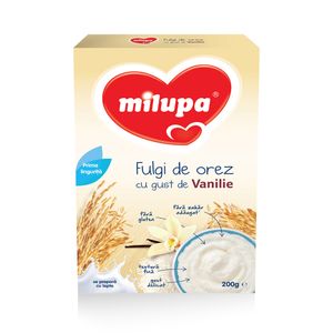 Cereale fulgi de orez Milupa, cu gust de vanilie, de la 4 luni, 200 g