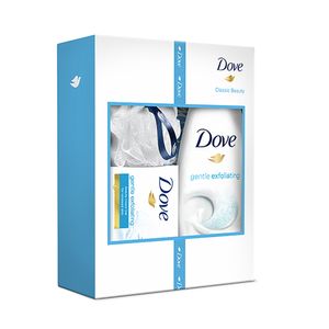 Caseta Dove exfoliating gel de dus + sapun + puff