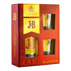 Pachet cadou Whisky J&B Rare, 40% alcool 0.7L + 2 pahare