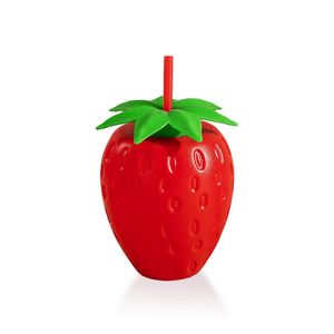 Pahar din plastic cu pai, 800ml, forma de capsuna