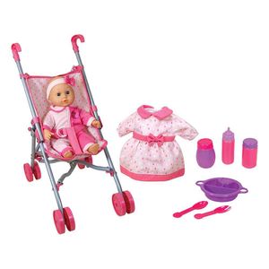 Papusa One Two Fun bebe cu carucior si accesorii