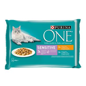 Hrana umeda pentru pisici Purina One Sensitive, file cu pui si morcov in sos, 4 x 85 g