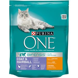 Hrana uscata pisica Purina ONE Coat si Hairball Adult cu pui si cereale integrale, 800g