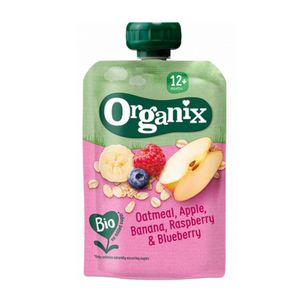 Piure de ovaz, mere, banane, zmeura si coacaze Organix, de la 12 luni, 100 g