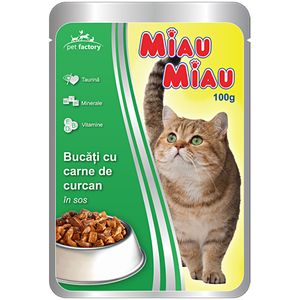 Hrana umeda Miau Miau cu carne de curcan, pentru pisici , 100g