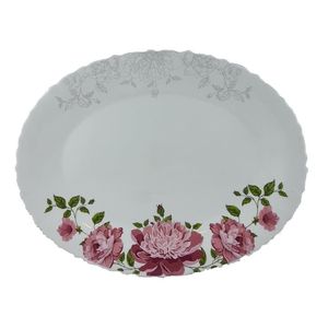 Platou oval din opal cu decor bujori, 34cm