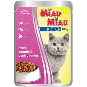Hrana umeda pentru pisici junioare Miau Miau cu carne de pui, 100 g