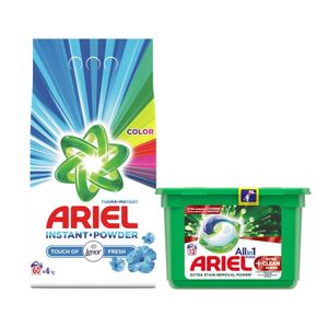 Pachet: Detergent pudra Ariel Color, 6 kg + Detergent capsule Ariel All in 1, 13 bucati