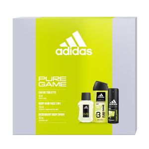Set pentru cadou Adidas Pure Game: Apa de toaleta, deodorant body spray si gel de dus