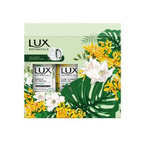 Set pentru cadou Lux Botanicals: Puf de baie, gel de dus Freesia si gel de dus Ylang Ylang