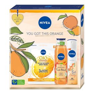 Set pentru cadou Nivea You Got This Orange: Masca servetel, gel de dus si deodorant spray