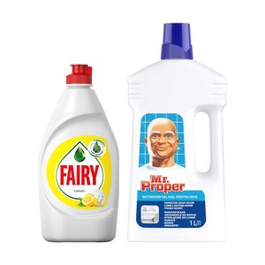 Pachet promo: Detergent universal pentru baie Mr. Proper, 1 L - Detergent de vase Fairy Lemin 450 ml