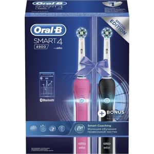 Set 2 Periute de dinti electrice Oral-B Smart 4 4900, 40000 pulsatii/min, Curatare 3D, 3 Programe, 2 capete, Bluetooth, Culoarea Roz/Negru