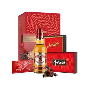 Cos pentru cadou Whisky Box: bautura Chivas Regal, diverse dulciuri si cafea