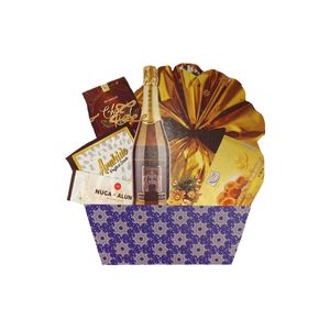 Cos pentru cadou Christmas Tree: panettone, cafea, mix ciocolata si o sticla de vin