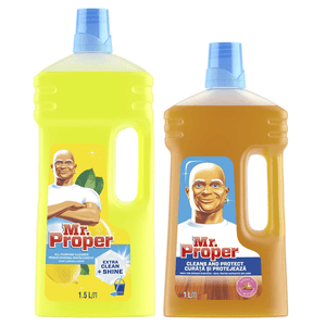 Pachet promo: Detergent universal Mr. Proper Lemon 1.5 L + Detergent universal Mr. Proper pentru suprafete din lemn 1 L