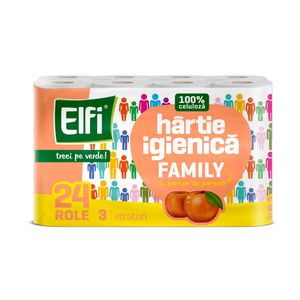 Hartie igienica Elfi Family cu parfum de piersica, 3 straturi, 24 role