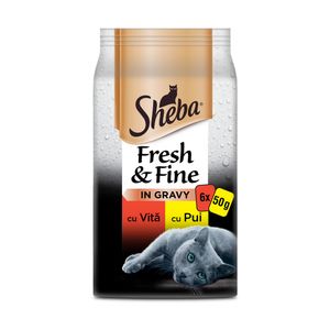 Hrana umeda pentru pisici adulte Sheba Fresh & Fine, pui si vita, 6 x 50 g