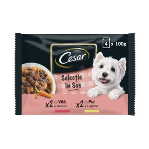 Hrana umeda pentru caini adulti Cesar, selectii de carne in sos, 4 x 100 g