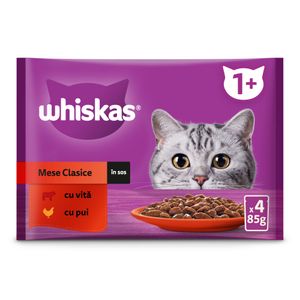 Hrana umeda pentru pisici adulte Whiskas, mix de carne in sos, 4 x 85 g